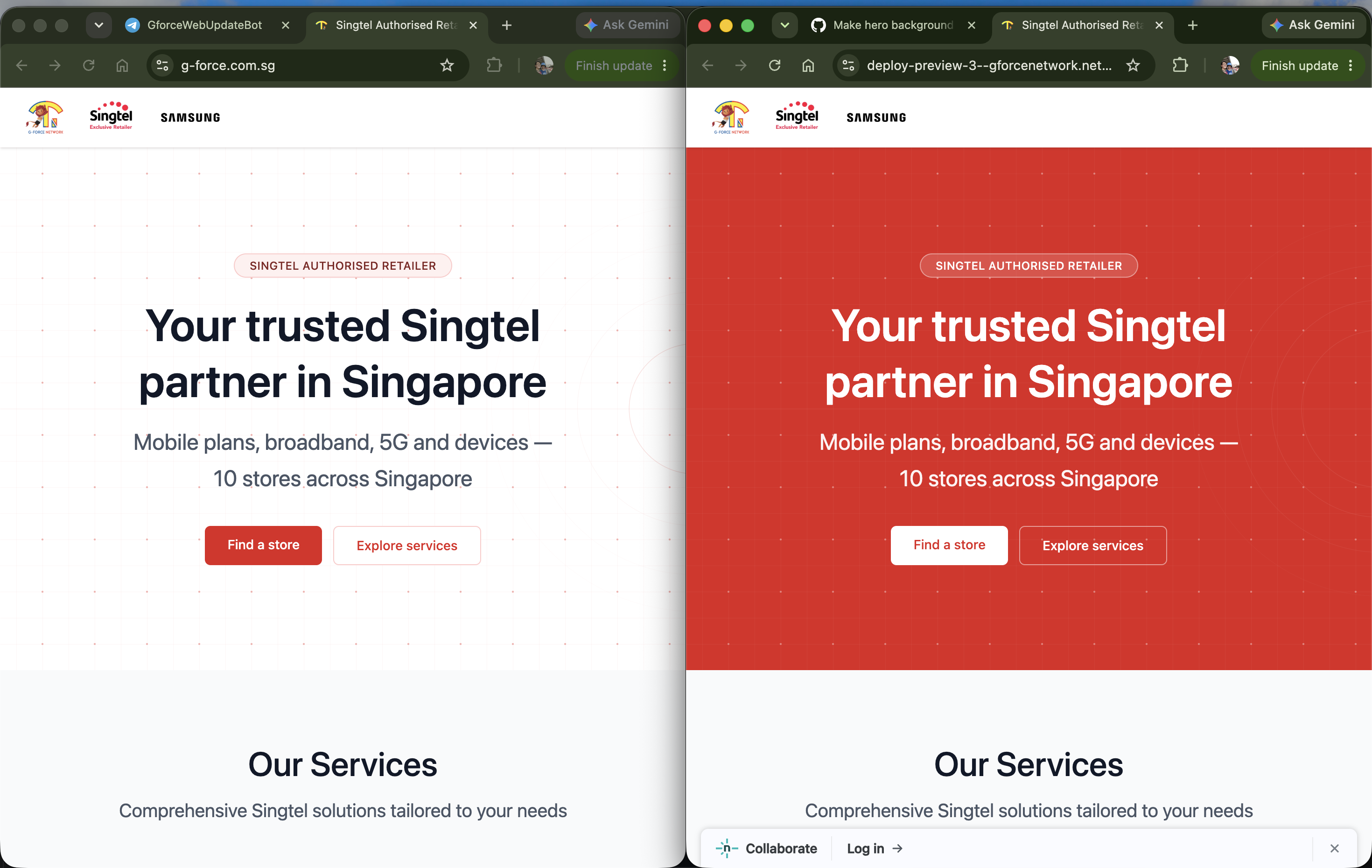 Netlify deploy preview next to the live site, showing the hero background changed to red