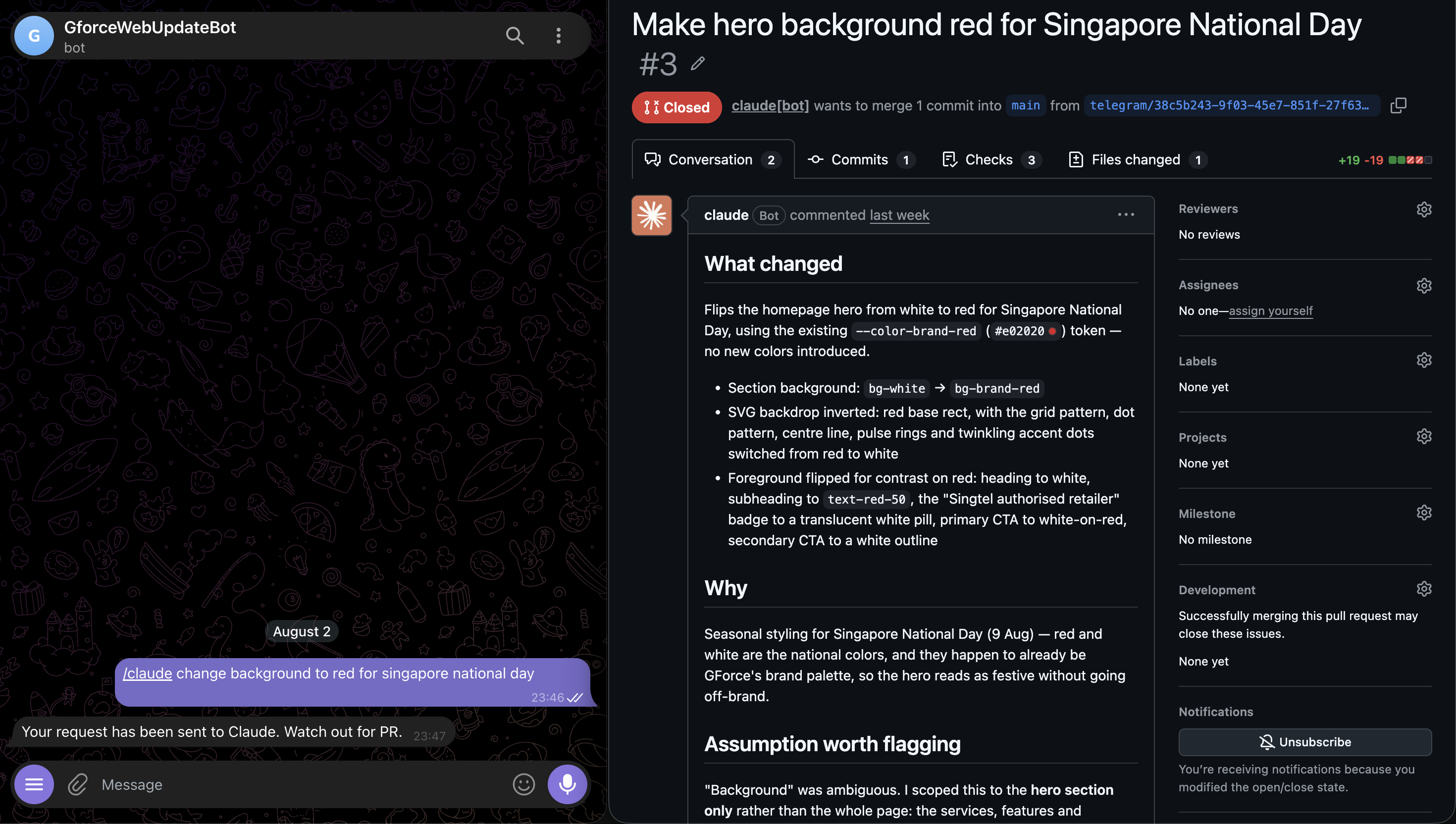 Telegram message triggering a PR from Claude Code